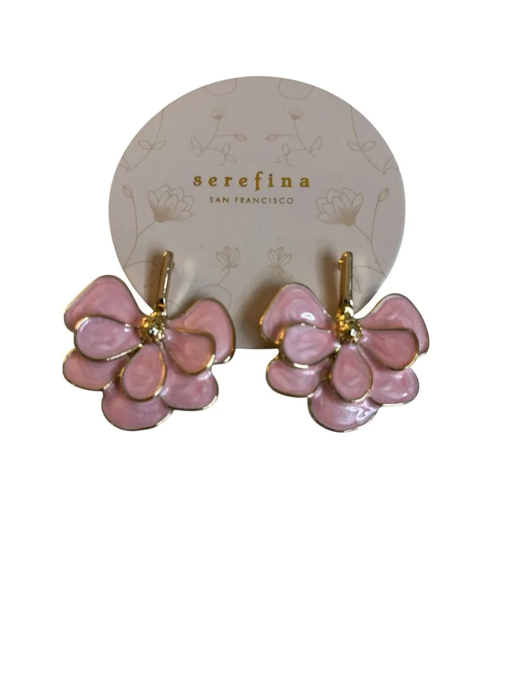 Light Pink & Gold Tone Multi-layered Enamel Flower Petal Drop Earrings.